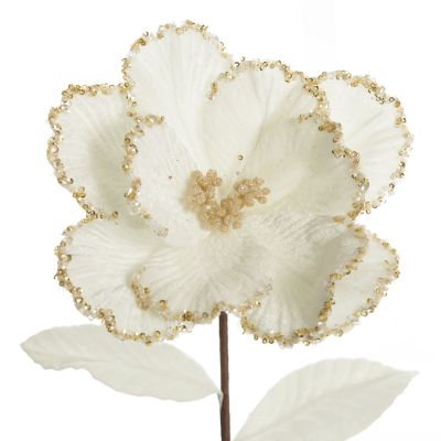Ivory Velvet Magnolia Flower Stem with Gold Sequin Trim