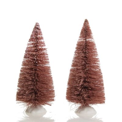 Mini Pink Bottle Brush Christmas Tree with Glitter Top - Set of 2