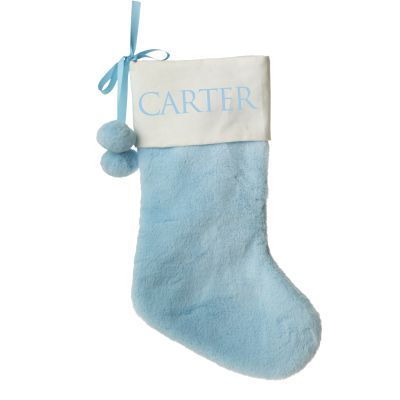 Personalised Blue Fur Christmas Stocking with Pom Poms