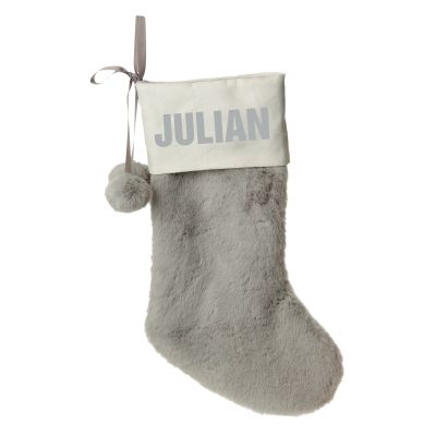 Personalised Grey Fur Christmas Stocking with Pom Poms