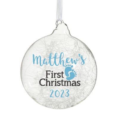Personalised Icicle Glass Christmas Bauble - Blue First Christmas