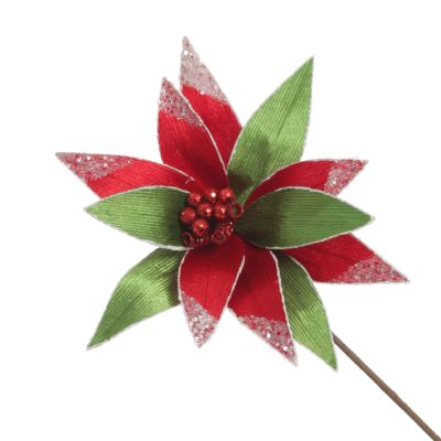Red and Green Ribbed Flower Stem with White Glitter Trim and Sequins