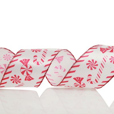 Red and White Peppermint Candy Printed Wired Christmas Ribbon