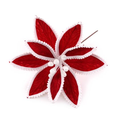 Red Poinsettia Flower Stem with White Pom Pom Trim