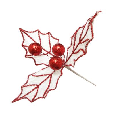 White Glitter Holly Leaf Stem with Red Tinsel Trim