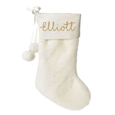 Personalised White Fur Christmas Stocking with Pom Poms